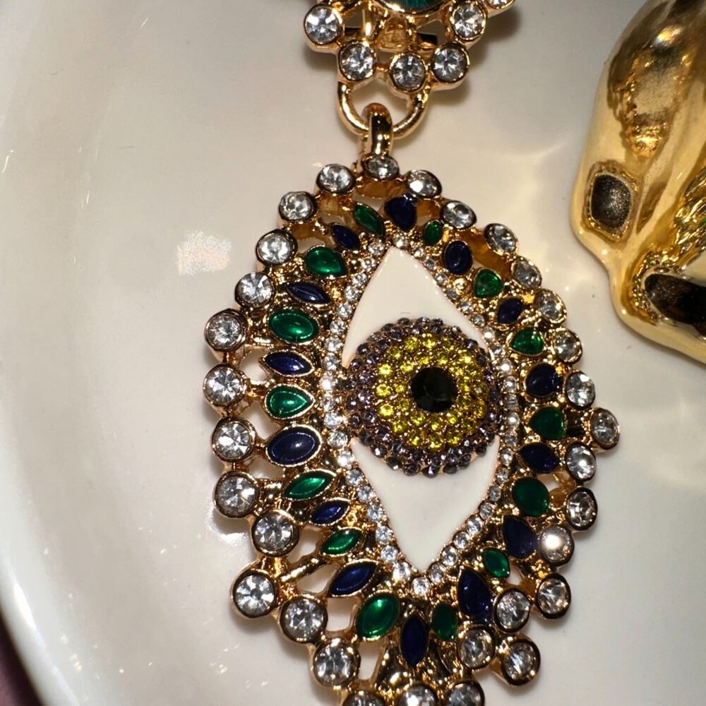 Ornate Evil Eye Gold Tone Statement Earrings with Crystal - Picture 7 of 8